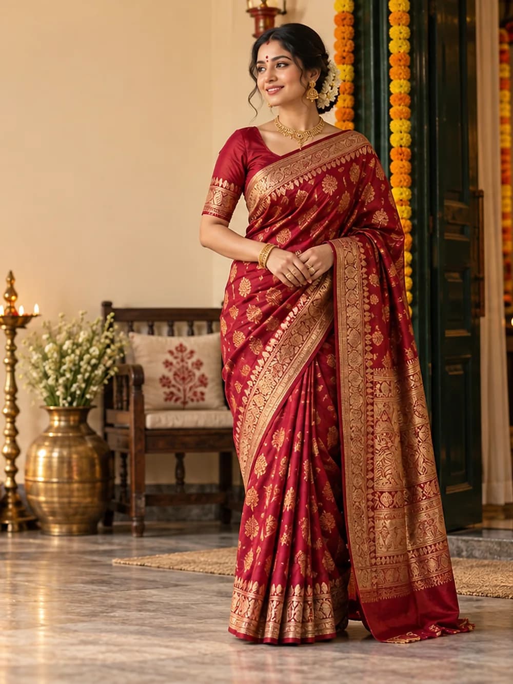 Bengali woman wearing a red silk saree in a Durga Puja setting
